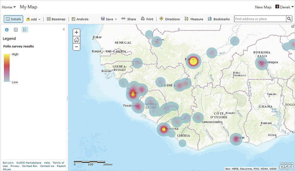 Rys. 4. Do wizualizacji danych ankietowych możesz wykorzystać narzędzia do inteligentnego mapowania i analiz dostępne w ArcGIS Online Map Viewer.