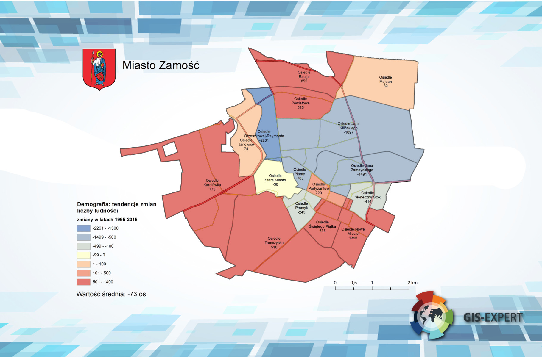 Rys. 1. Przykładowa mapa prezentująca zjawisko sfery społecznej - zmiany liczby ludności w latach 1995 - 2015