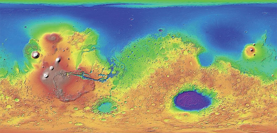 Rys. 2. Numeryczny model wysokości (DEM) Marsa utworzony na podstawie danych Mars Orbiter Laser Altimeter (MOLA), zarejestrowanych z rozdzielczością 463 m x 463 m podczas misji Mars Global Surveyor.