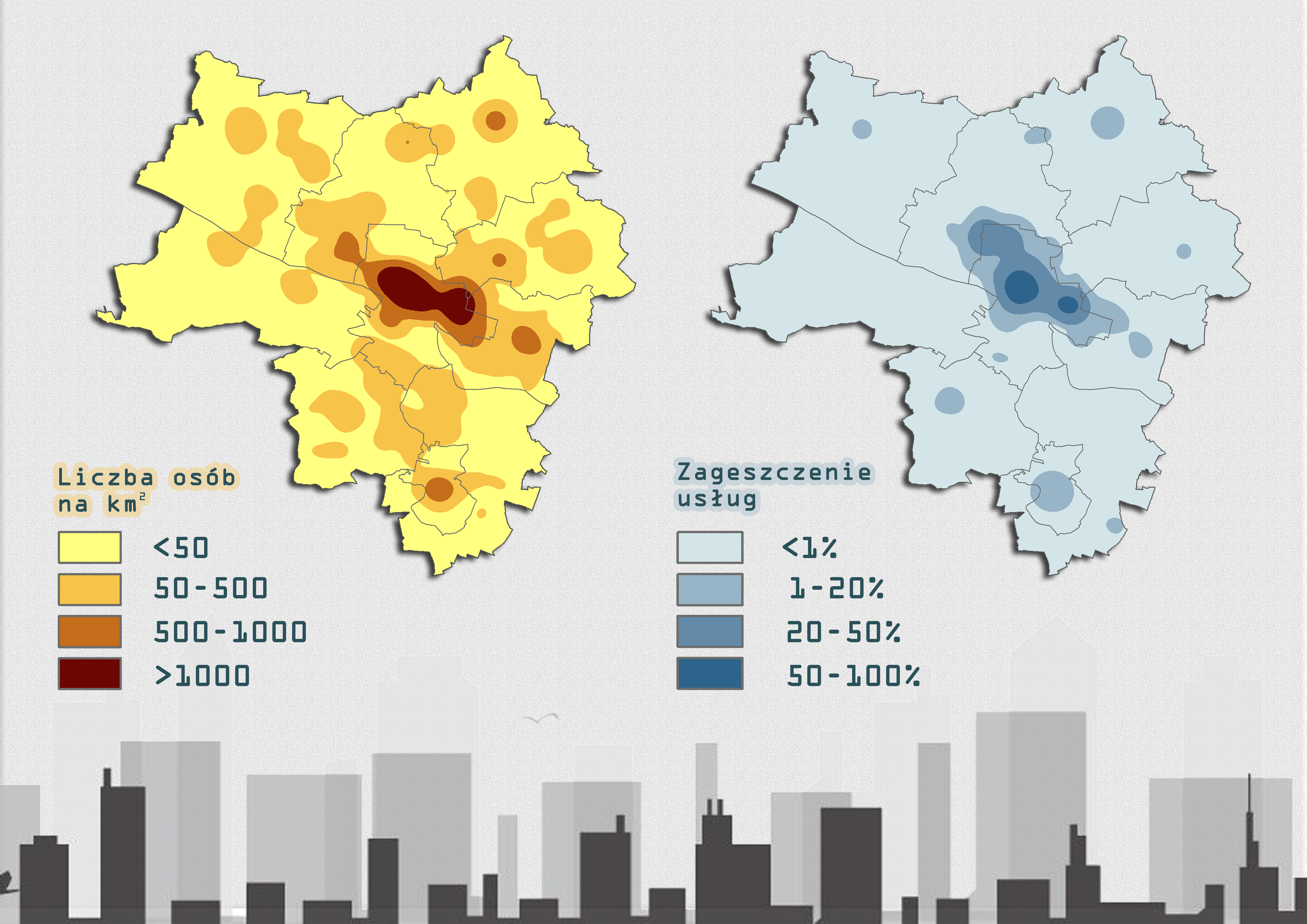 Rys 1. Po lewej - mapa gęstości zaludnienia Płocka i gmin ościennych przedstawiająca średnią liczbę osób na km². Po prawej - mapa zagęszczenia obszarów usługowych (punkt o najwyższej gęstości usług jako centrum analiz sieciowych).
