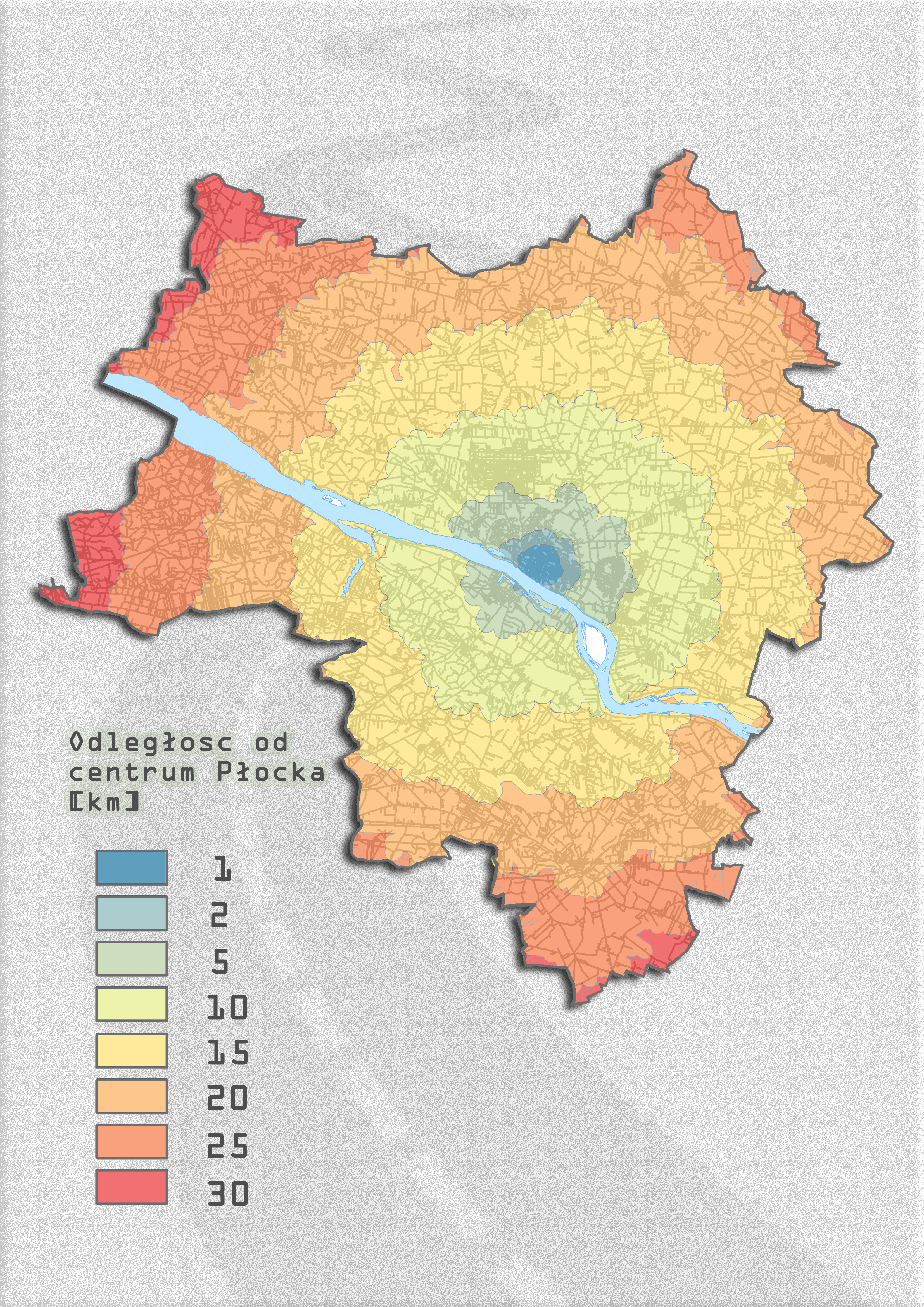 Rys. 2. Mapa stref odległości od centrum Płocka.