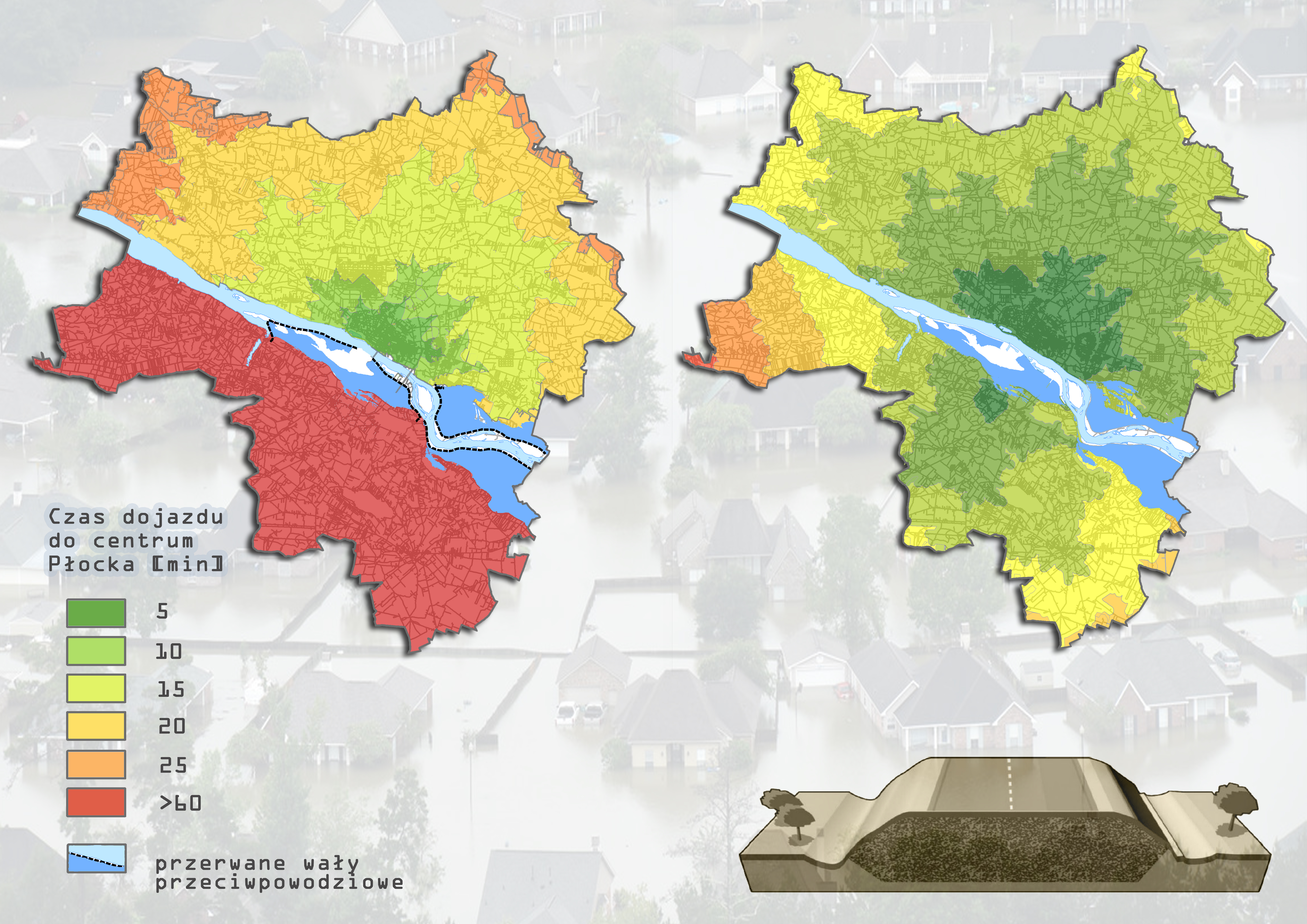 Rys. 4. Po lewej - mapa stref czasowej dostępności komunikacyjnej centrum Płocka w sytuacji przerwania wałów przeciwpowodziowych i odcięciu mostów na obszarze opracowania. Po prawej - mapa stref czasowej dostępności komunikacyjnej centrum Płocka w sytuacji przerwania wałów po realizacji koncepcji umożliwiającej przeprawę na drugą stronę Wisły.