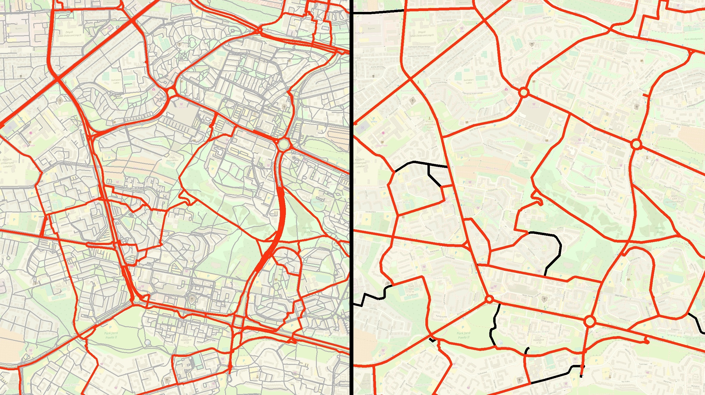 Rys. 5. Porównanie tras wygenerowanych na sieci przed generalizacją (po lewej) i po generalizacji (po prawej).