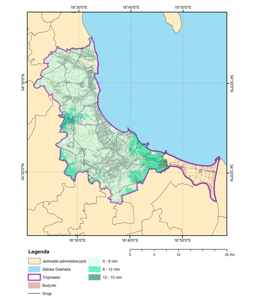 Rys. 3. Mapa wynikowa analizy dostępności w dzień roboczy o godzinie 8.