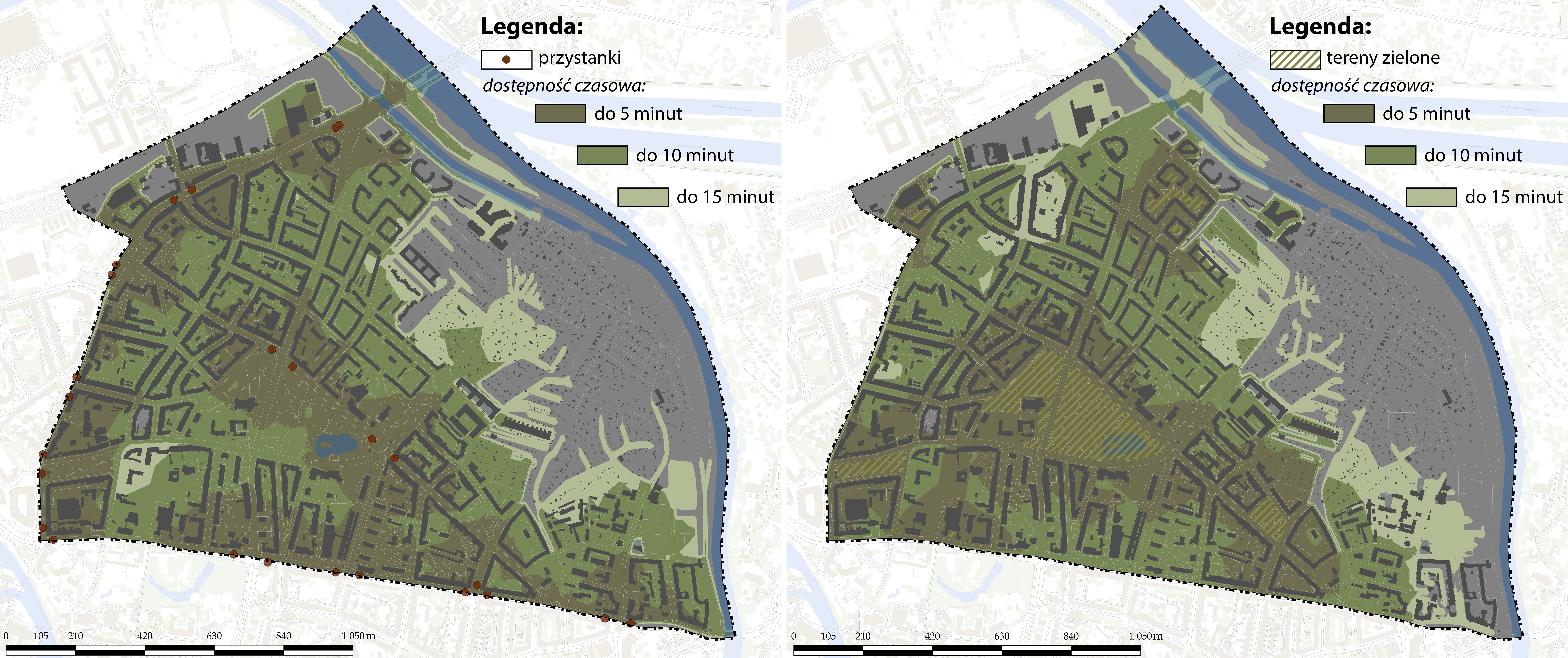Rys. 3. Bufory czasowej dostępności (5, 10 i 15 min) przystanków (z lewej) i terenów zielonych (z prawej).