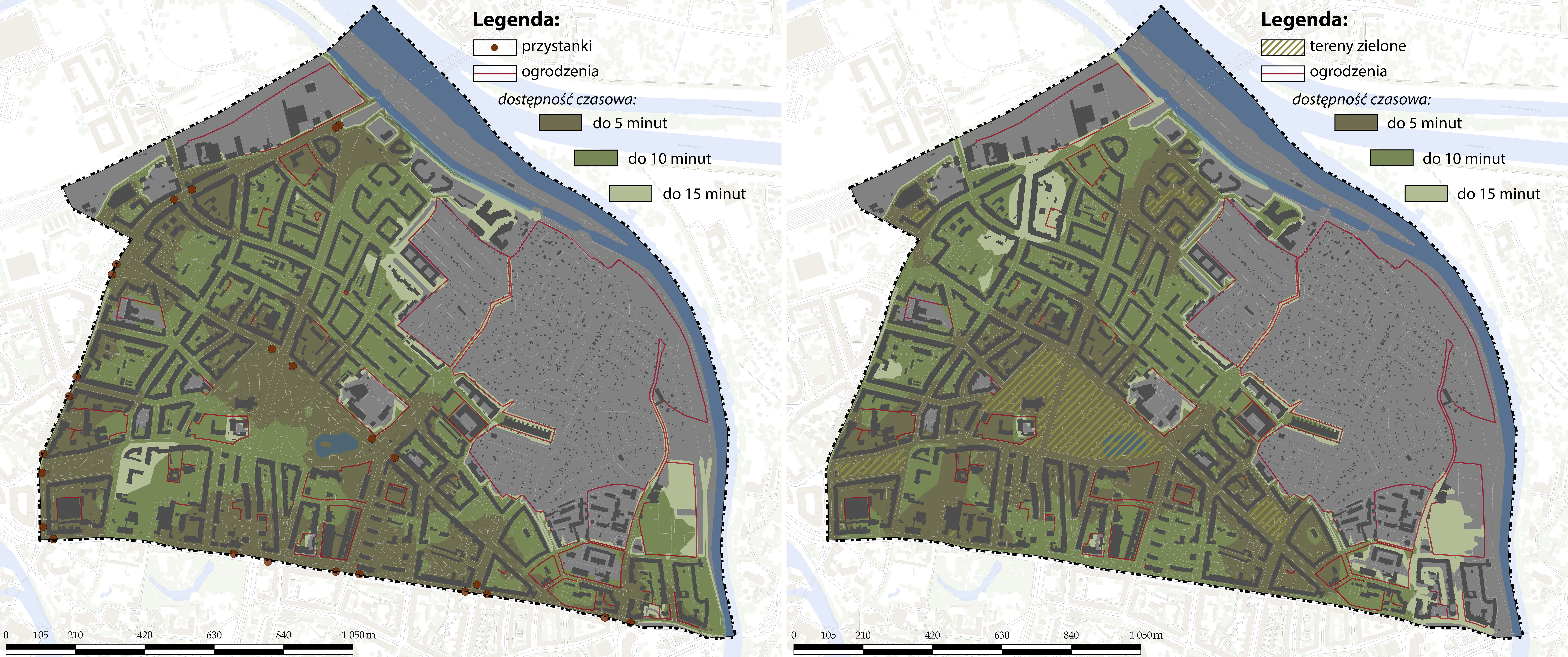 Rys. 4. Bufory czasowej dostępności (5, 10 i 15 min) przystanków (z lewej) i terenów zielonych (z prawej), z uwzględnieniem barier przestrzennych.