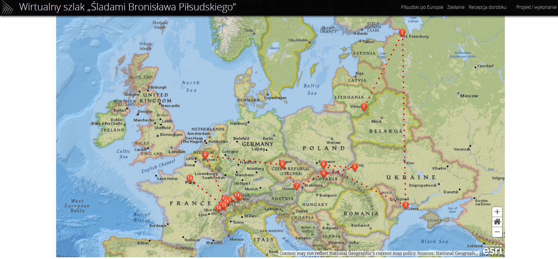 Rys. 1. Mapa podróży Bronisława Piłsudskiego po Europie