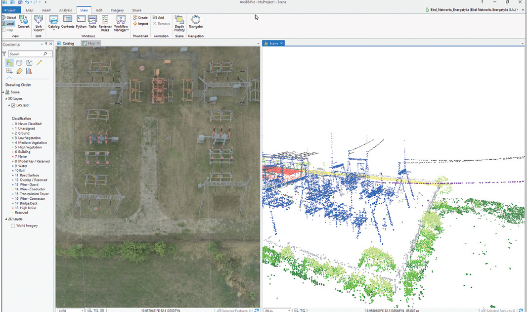 Rys. 1. Widok na Stację elektroenergetyczną 110/15kV na ortofotomapie (z lewej) oraz danych skaningu laserowego LiDAR (po prawej).