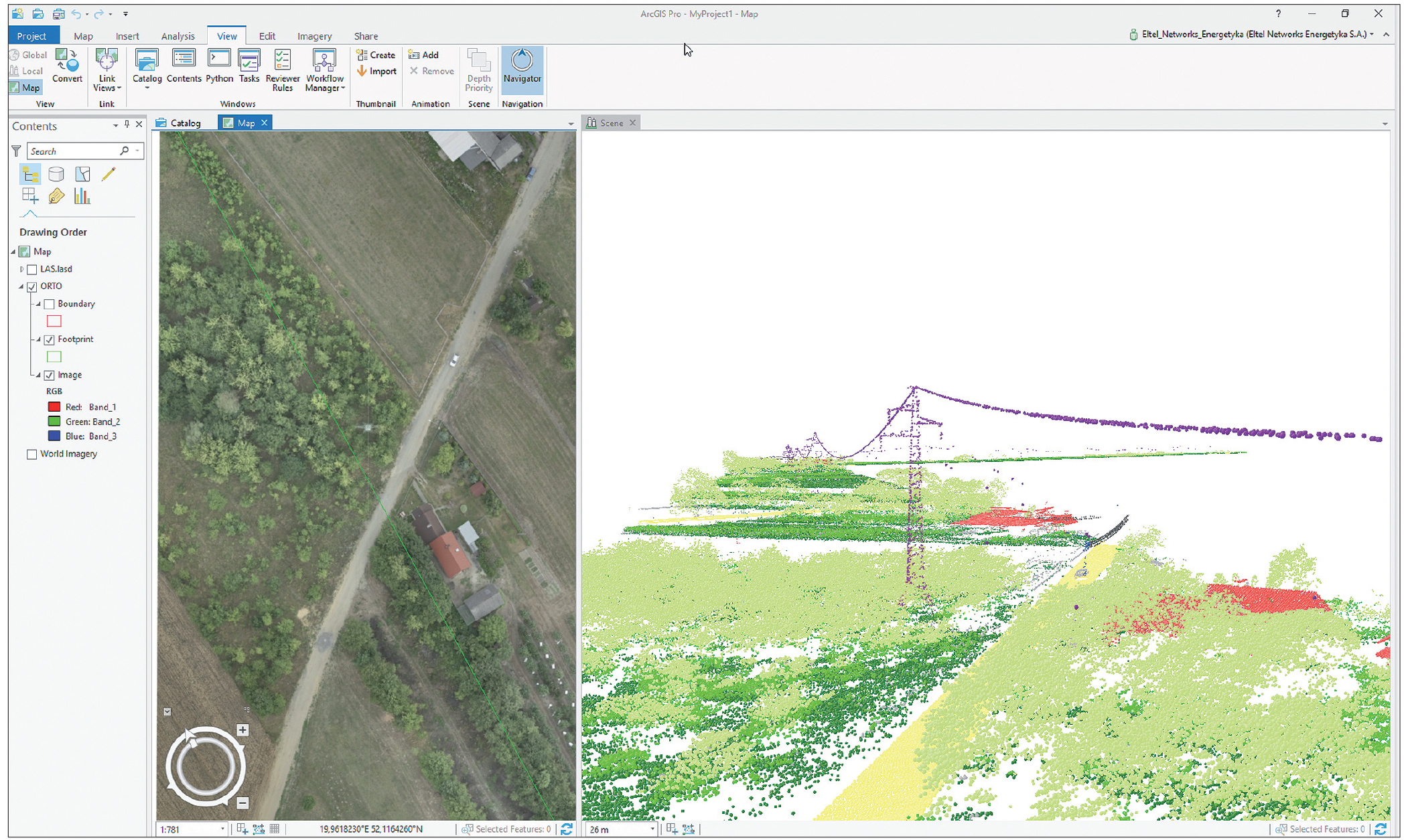 Rys. 2. Widok na trasę linii elektroenergetycznej 110kV na ortofotomapie (z lewej) oraz danych skaningu laserowego LiDAR (po prawej).