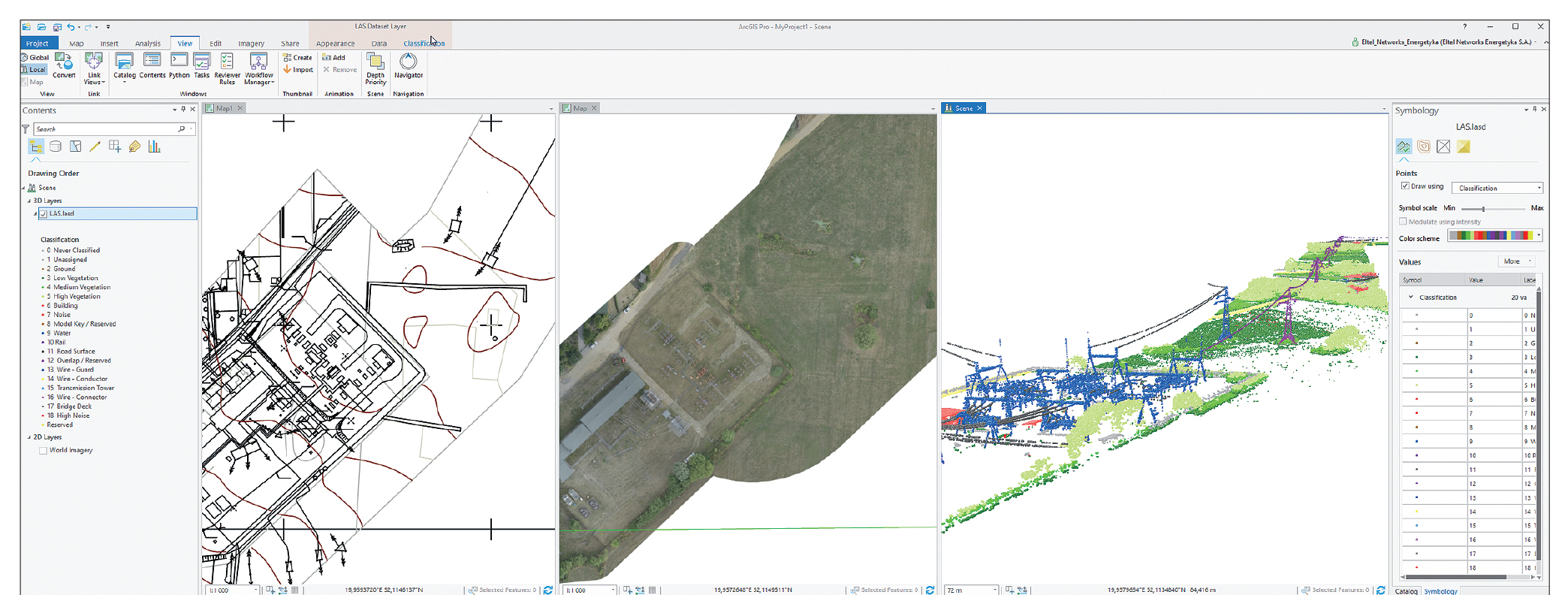 Rys. 3. Widok na Stację Elektroenergetyczną 110/15kV na elementach mapy zasadniczej (z lewej), ortofotomapie (w środkuj) oraz danych skaningu laserowego LiDAR (po prawej).