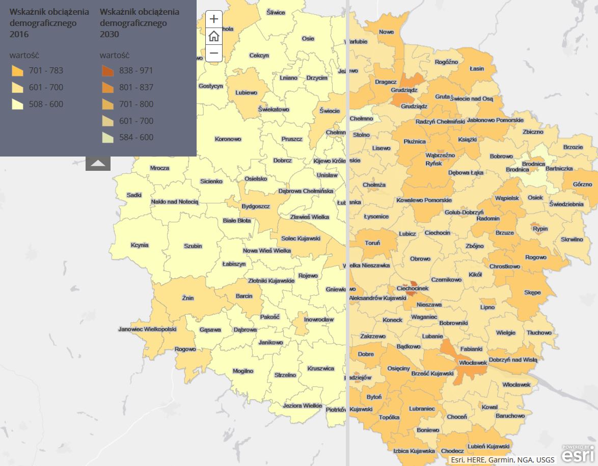 Rys. 1. Zrzut ekranowy z aplikacji „Kluczowe zagadnienia prognozy demograficznej dla Kujawsko-Pomorskiego”, mapa prezentuje wskaźnik obciążenia demograficznego: pionowa belka stanowi suwak umożliwiający wyświetlanie danych za rok 2016 (po lewej) lub 2030 (po prawej).