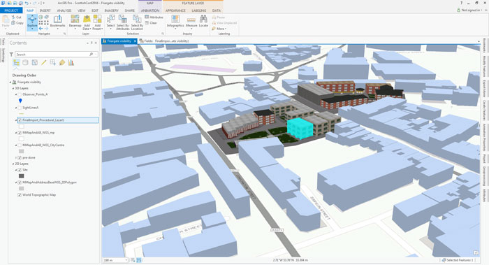 Rys. 1. Wykorzystanie narzędzi ArcGIS do zbadania zależności między projektem koncepcyjnym przebudowy urbanistycznej i otoczeniem.