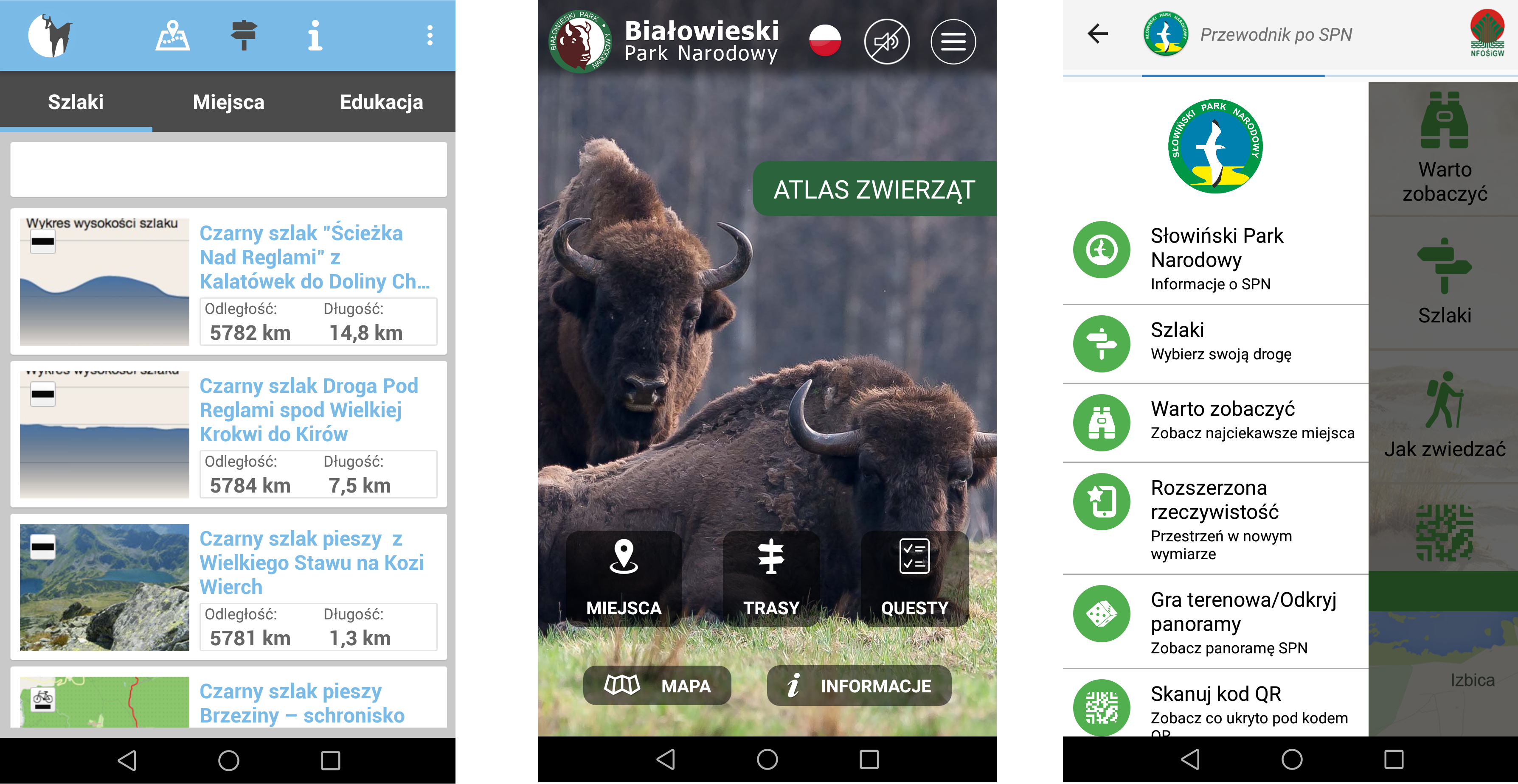 Rys. 2 Aplikacje mobilne Tatrzańskiego PN (po lewej), Białowieskiego PN oraz Słowińskiego PN (po prawej).