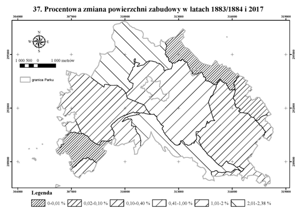 Rys. 3 Mapa przedstawiająca procentowe zmiany zabudowy w latach 1883/1884 i 2017 na terenie PNGS.