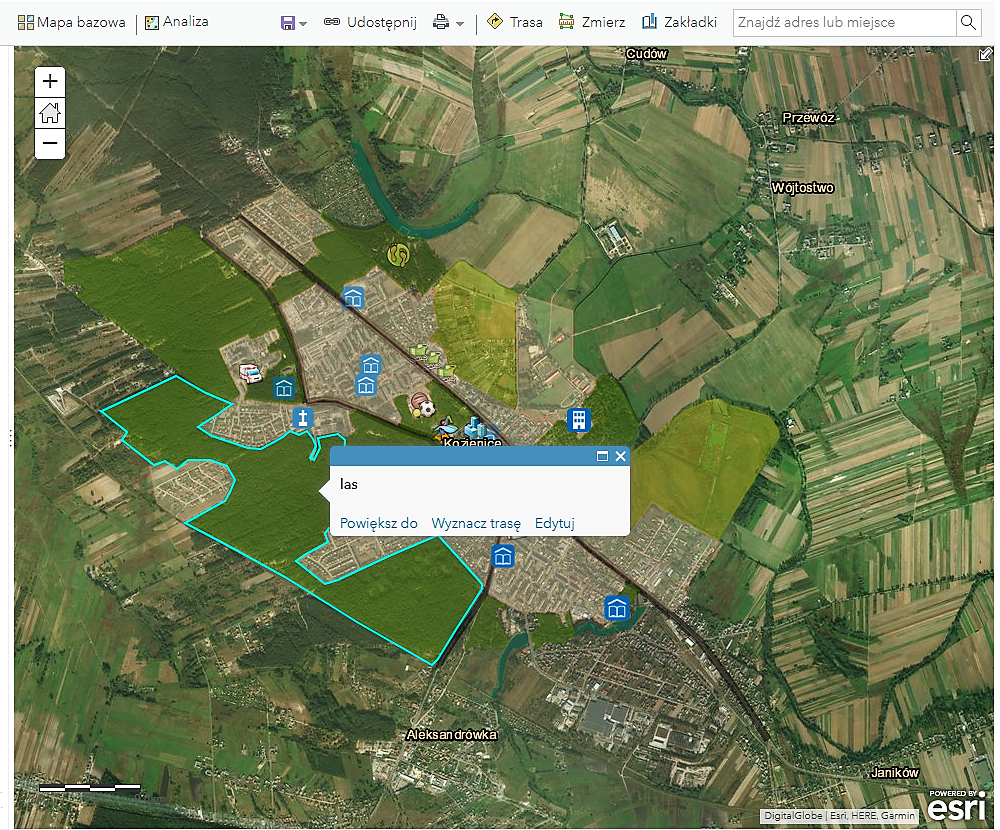 Ryc. 1. Mapa Kozienic z dodanymi obiektami infrastruktury i klasyfikacją obszarów.