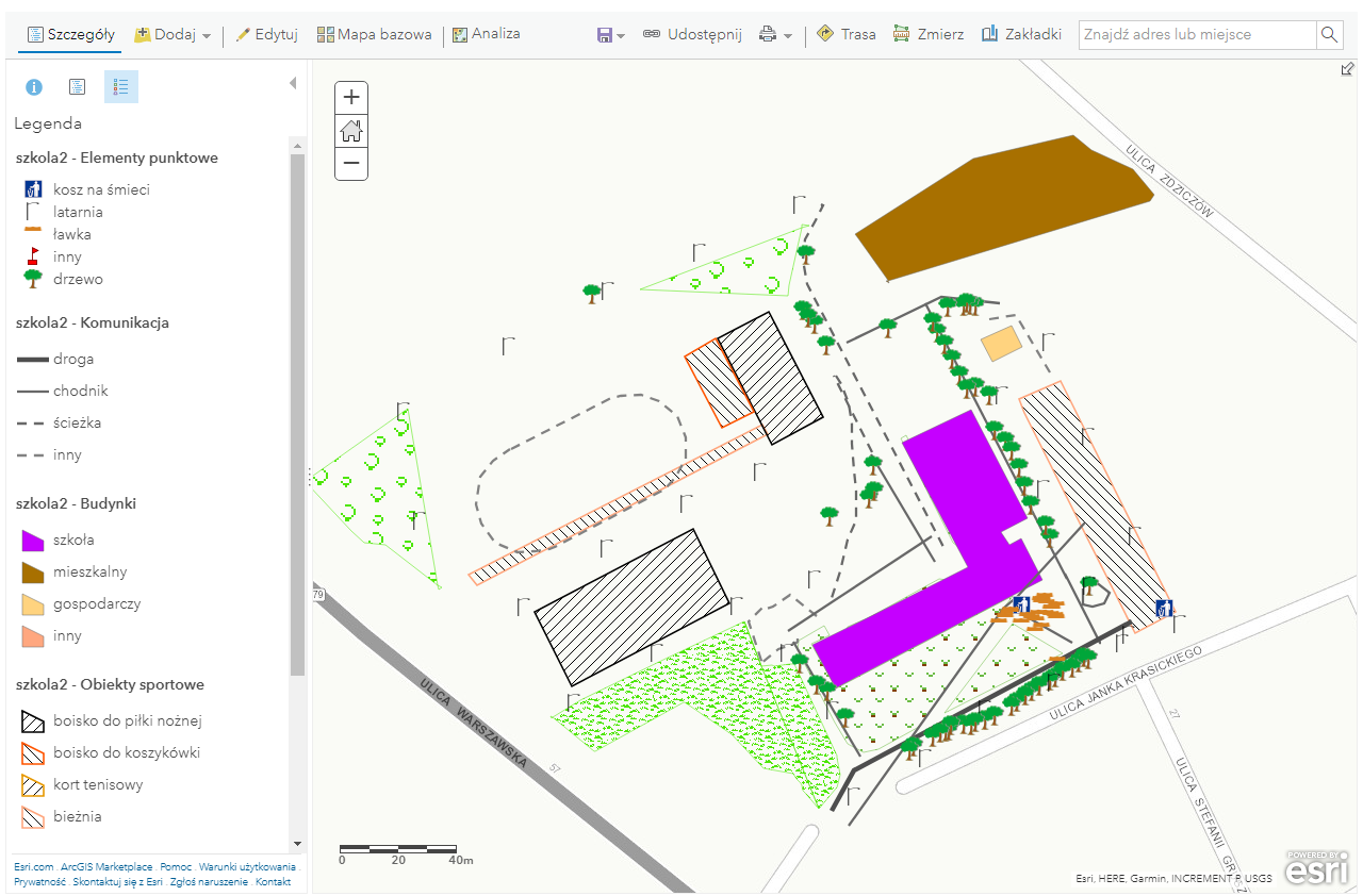 Ryc. 5. Przykład kartowania terenu szkoły z wykorzystaniem aplikacji Collector for ArcGIS.