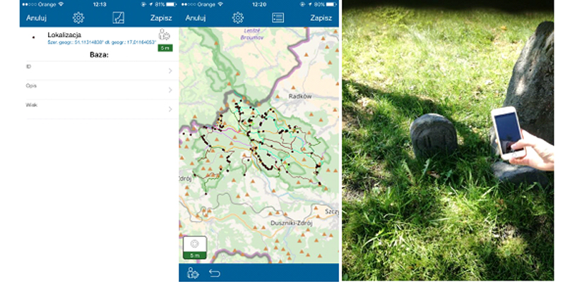 Rys. 5   Interfejs aplikacji Collector for ArcGIS z danymi przygotowanymi do pomiaru oraz pomiar terenowy przy użyciu aplikacji.