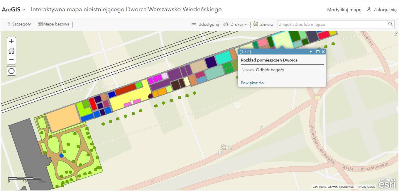 Rys. 4. Interaktywna mapa Dworca Wiedeńskiego (źródło: opracowanie własne w ArcGIS Online).