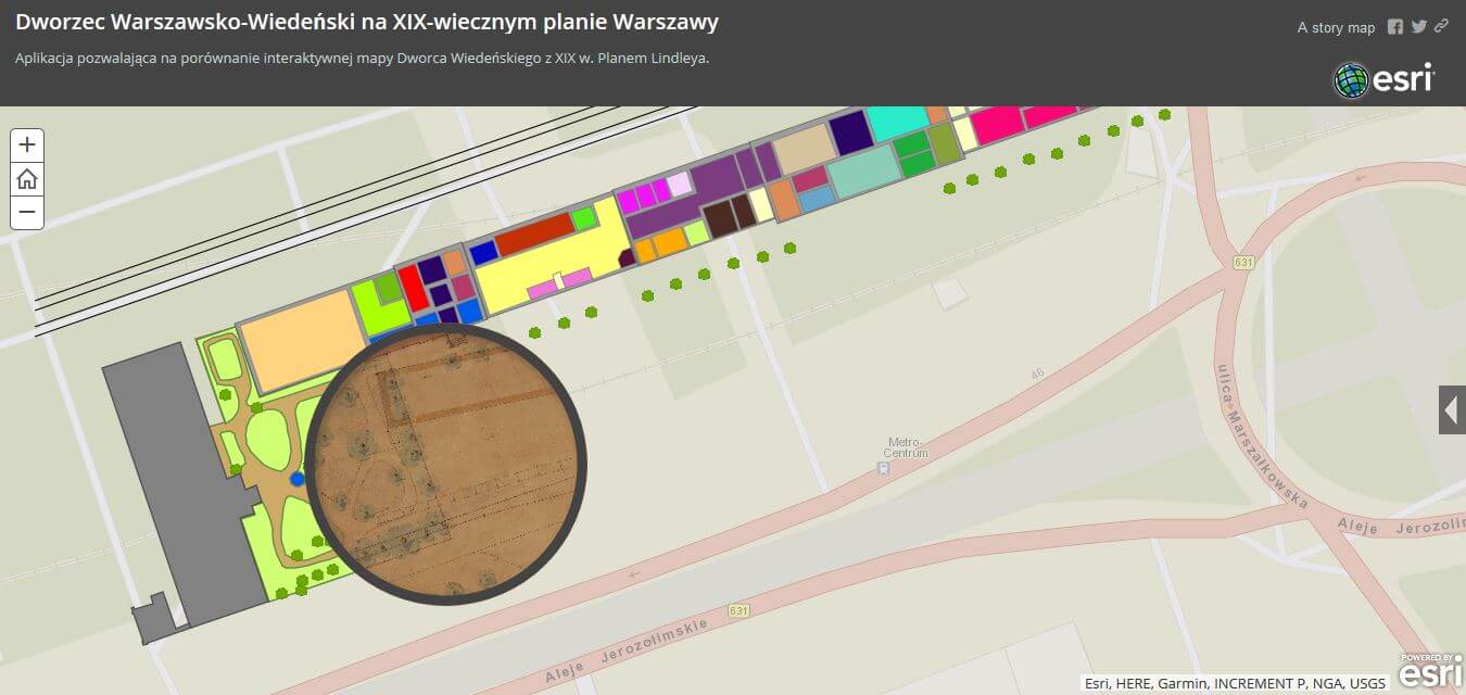 Rys. 5. Aplikacja „Dworzec Wiedeński na XIX wiecznym planie Warszawy” (źródło: opracowanie własne w ArcGIS Online).