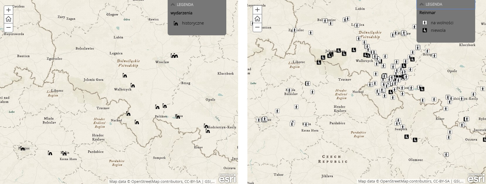 Ryc. 5. Mapy tematyczne przedstawiające wydarzenia historyczne w trylogii husyckiej oraz miejsca, w których Reynevan podróżował jako jeniec lub był w niewoli 