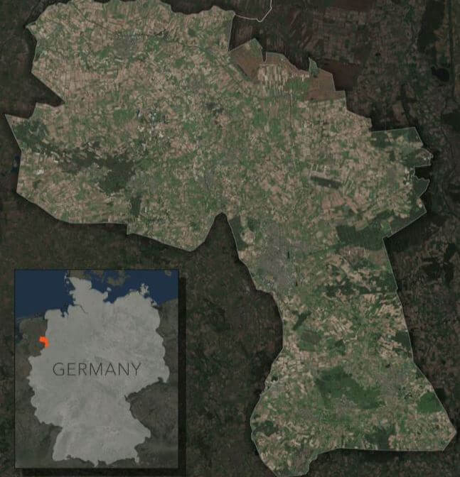 Rys. 2. Hrabstwo Bentheim graniczy z Holandią. Mapa: Jennifer Bell, Esri.