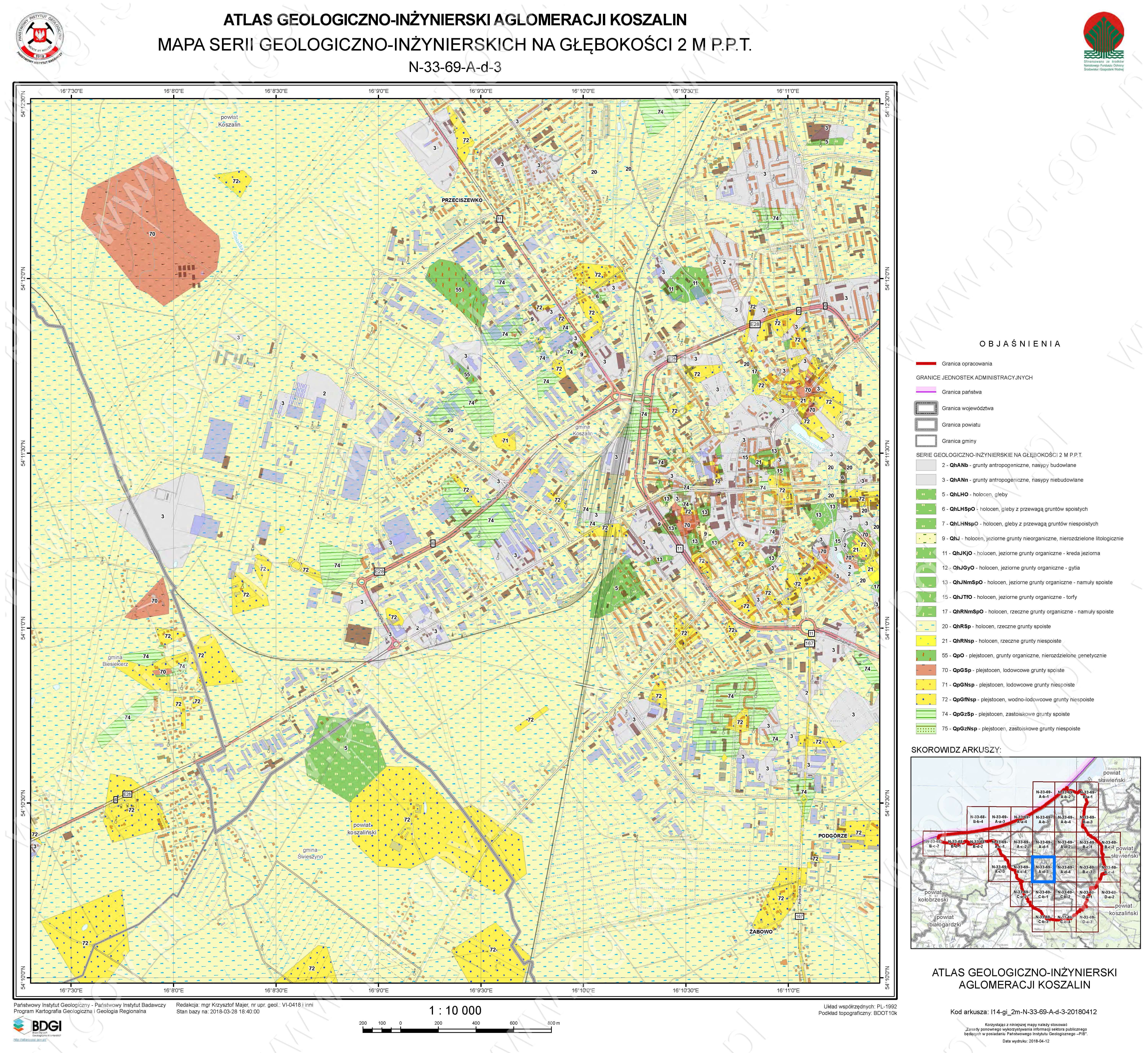 Rys. 2. W ramach realizacji projektu BDGI wykonano ponad 3200 arkuszy map geologiczno-inżynierskich w skali 1:10 000. Arkusze te są dostępne do pobrania z serwerów CBDG za pomocą kilku kliknięć. Widoczna przykładowa mapa serii geologiczno-inżynierskich na głębokości 2 m p.p.t.