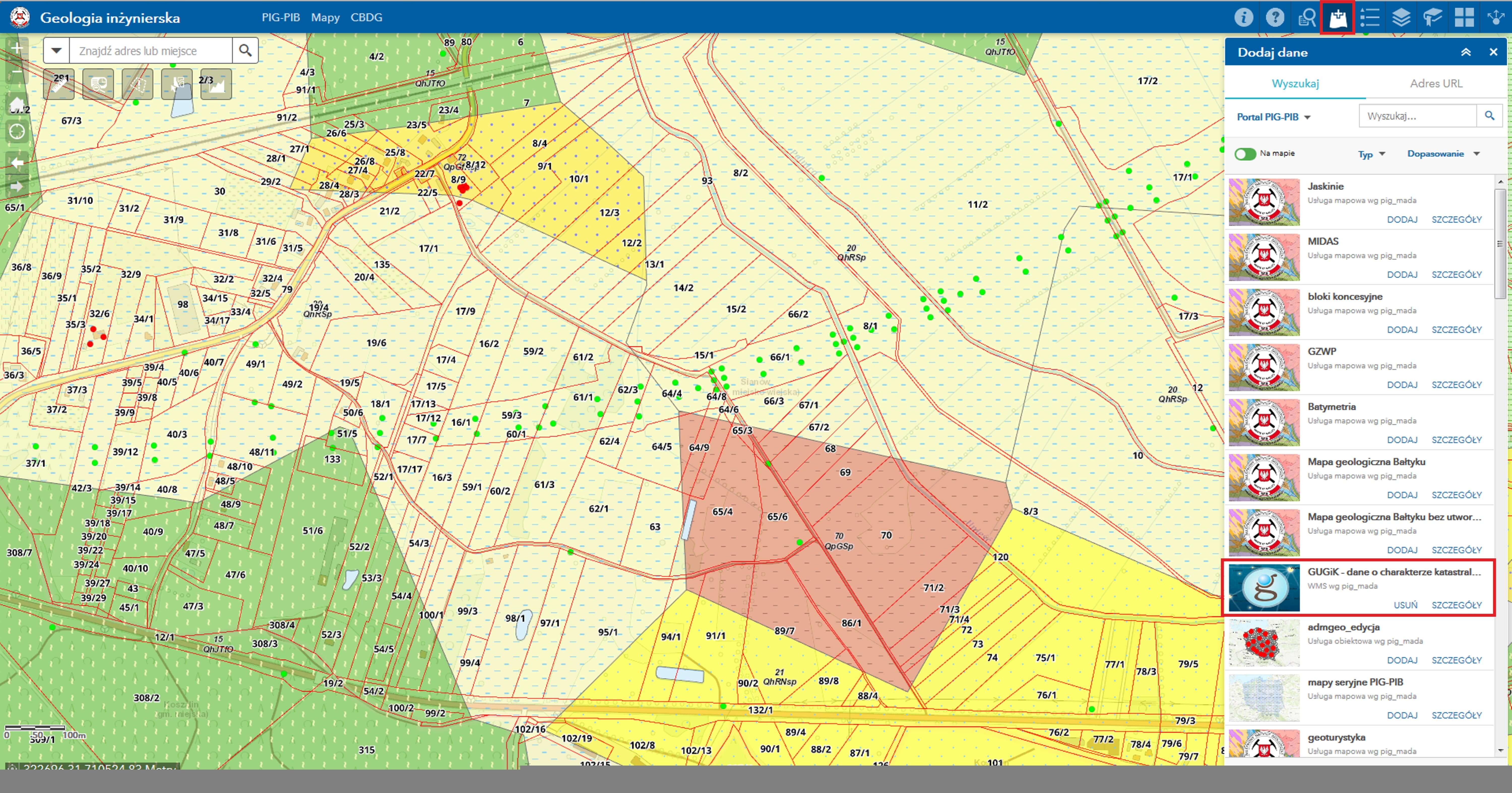 Rys. 3. PortalCBDG. Możliwość dodania do aplikacji tworzonej w Portal for ArcGIS zewnętrznej usługi WMS zawierającej dane katastralne z GUGIK znacząco ułatwia korzystanie z geologiczno-inżynierskich warstw informacyjnych.