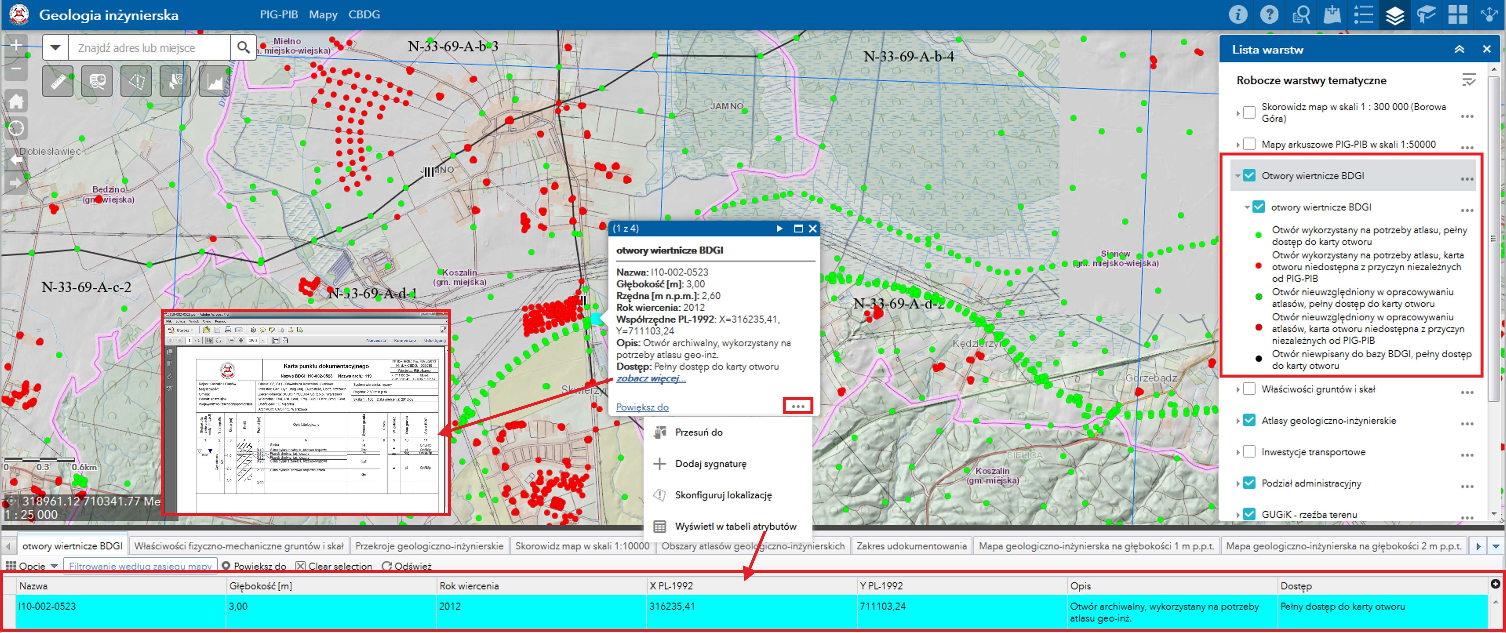 Rys. 5. PortalCBDG. Widok aplikacji mapowej (Portal for ArcGIS) prezentujący warstwę otworów geologiczno-inżynierskich wraz z danymi opisowymi. Użytkownik może w sposób wygodny uzyskać informację o metryce poszczególnego punktu, jego tabeli atrybutów oraz pobrać profil otworu w postaci pliku pdf http://geologia.pgi.gov.pl, zakładka „Budownictwo”.