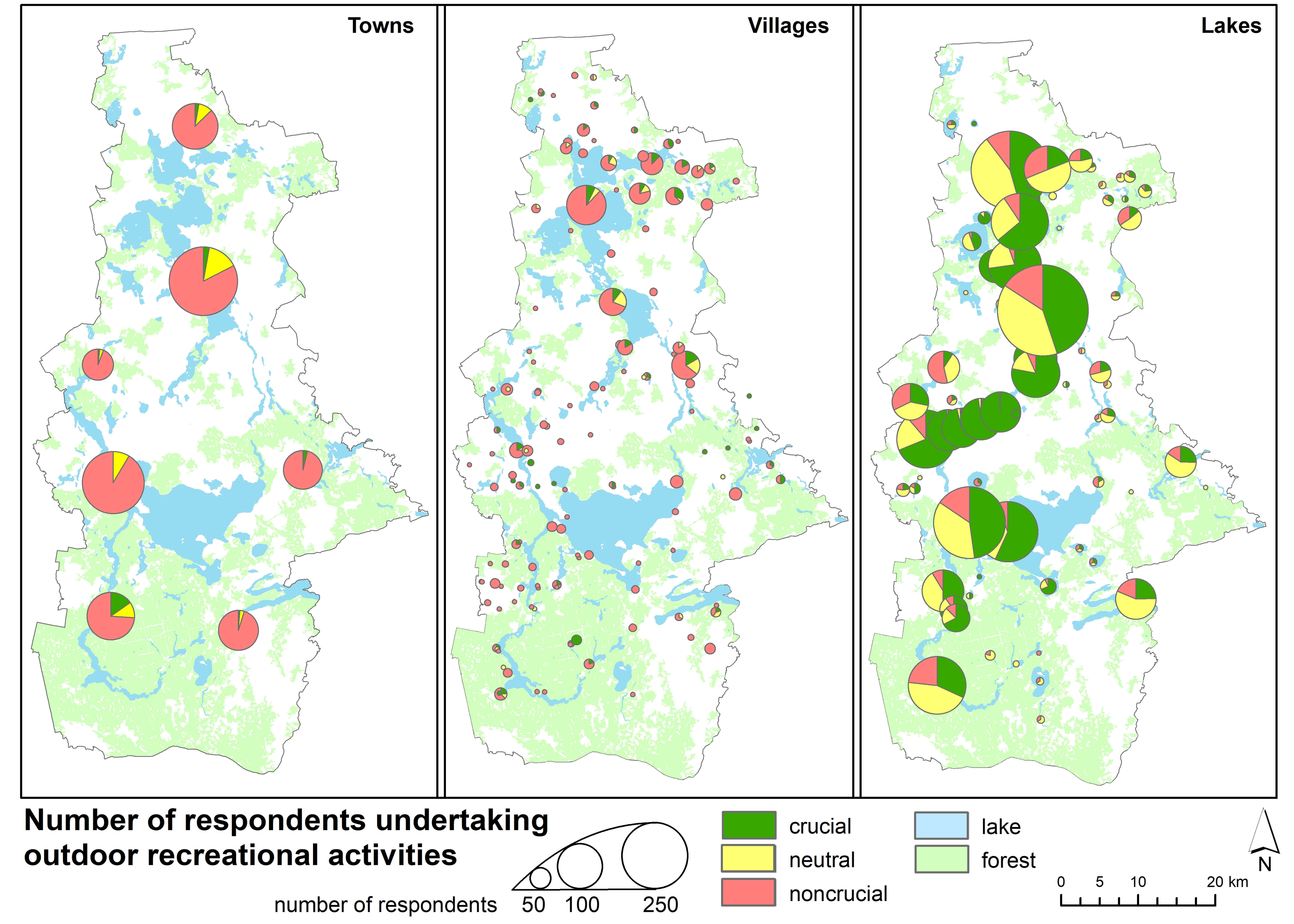 Rys. 1. Miejsce noclegu turystów w zależności od wykonywania aktywności rekreacyjnych w różnym stopniu związanych z przyrodą (Nagłówki map: towns –miasta,; villages – wsie, Lakes – jeziora; Legenda: numer of respondents undertaking outdoor recreational activities – liczba respondentów podejmująca aktywności rekreacyjne w terenie, numer of respondents – liczba respondentów; crucial – konieczna, neutral – obojętna, noncrucial – nieważna, lake – jezioro, forest – las). Źródło: Derek M., Woźniak E., Kulczyk S., 2017, op. cit.