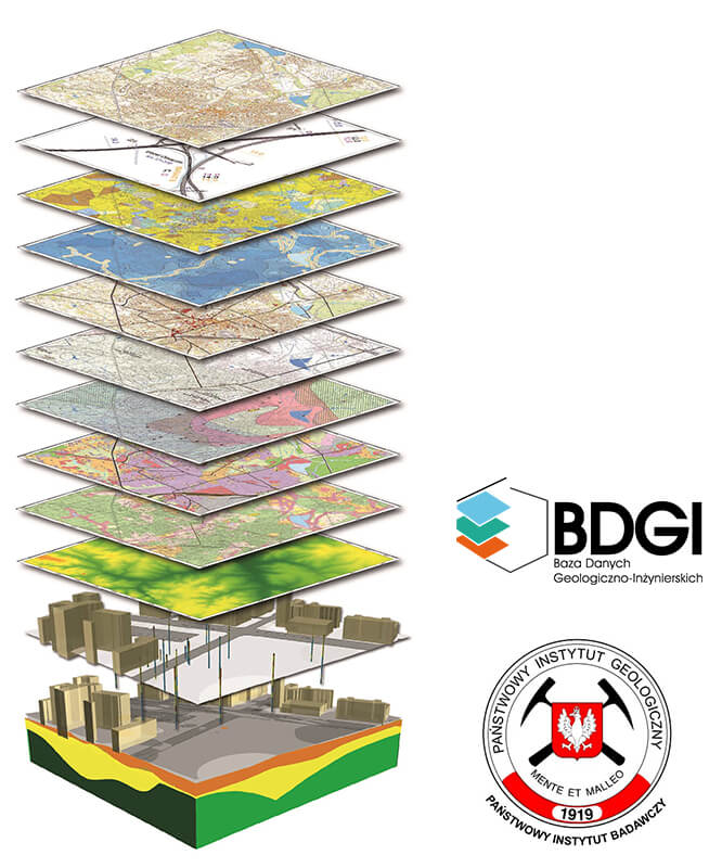 Rys. 1. Baza Danych Geologiczno-Inżynierskich (BDGI) jako źródło informacji, które umożliwia modelowanie i wizualizację warunków geologicznych pod największymi miastami Polski.