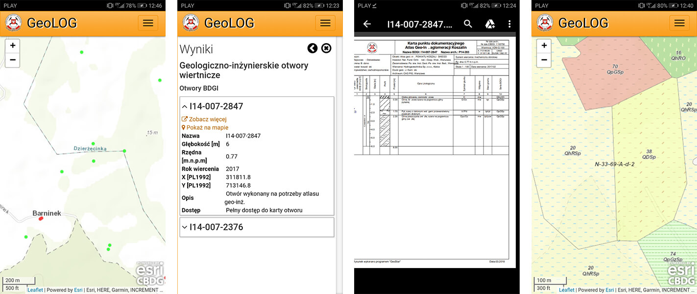Rys.  6. (6_1 do 6_4) GeoLOG. Ogromne zasoby danych geologicznych, mapy i informacje o wynikach badań Państwowego Instytutu Geologicznego, w tym danych geologiczno-inżynierskich są na wyciągnięcie ręki. Całkowicie za darmo, bez logowania i hasła! Wystarczy wziąć telefon czy tablet i w dowolnym miejscu –w biurze lub w terenie, skorzystać z nowej aplikacji GeoLOG, by przeglądać oraz pobierać karty otworów badawczych, mapy geologiczno-inżynierskie oraz odpowiadające im objaśnienia tekstowe.