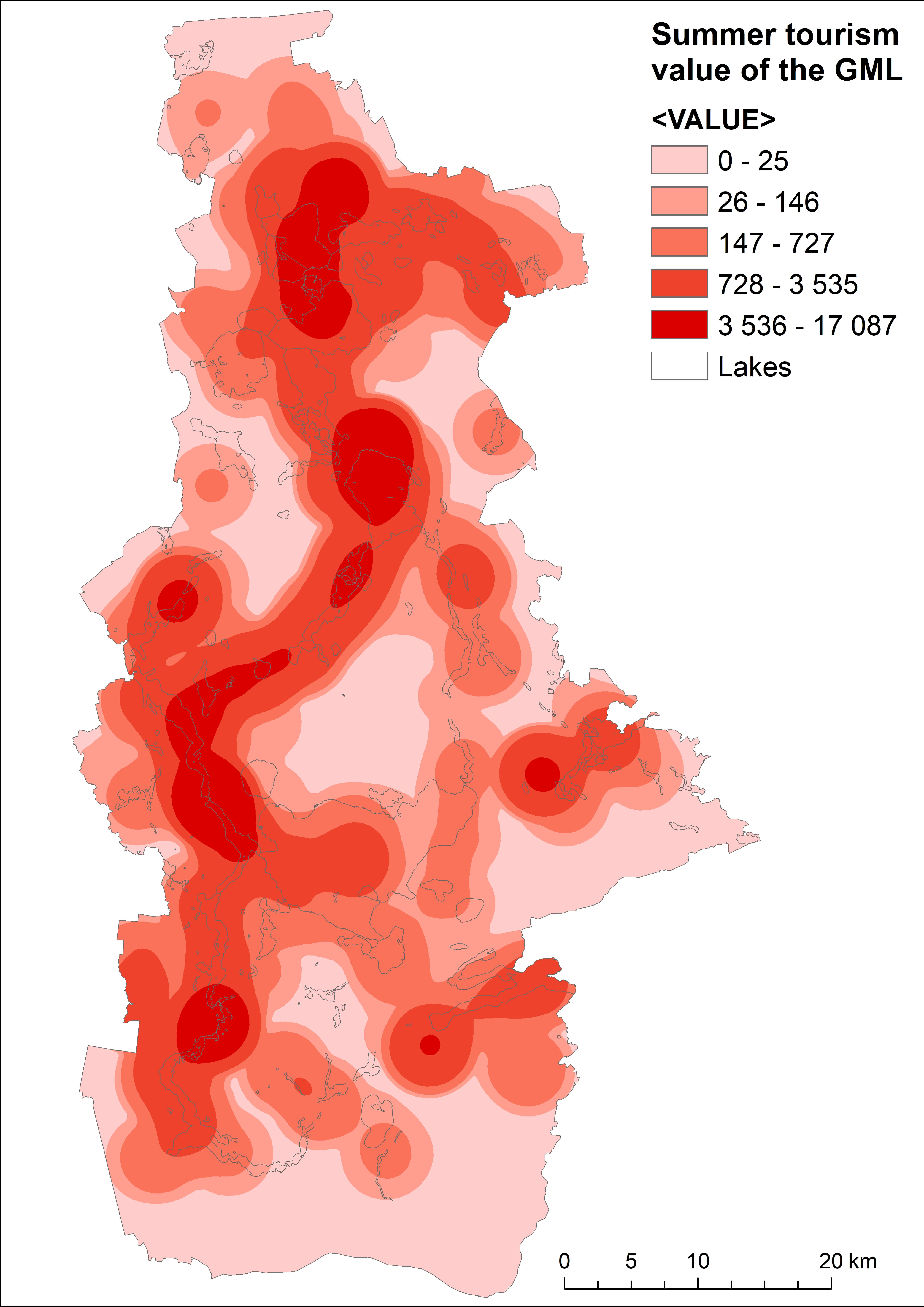 Rys. 7. Rozkład przestrzenny wartości środowiska generowanej przez rekreację na Wielkich Jeziorach Mazurskich (Nagłówek: Summer tourism value of GML [PLN/HA/season] – Wartość środowiska generowana przez rekreację na WJM [ PLN/ha/sezon]) Kulczyk S., Woźniak E., Derek M., 2016, How much is the „Wonder of Nature” worth? The valuation of tourism in the Great Masurian Lakes using Travel Cost Method, Ekonomia i Środowisko, 59, 4, 235-249.