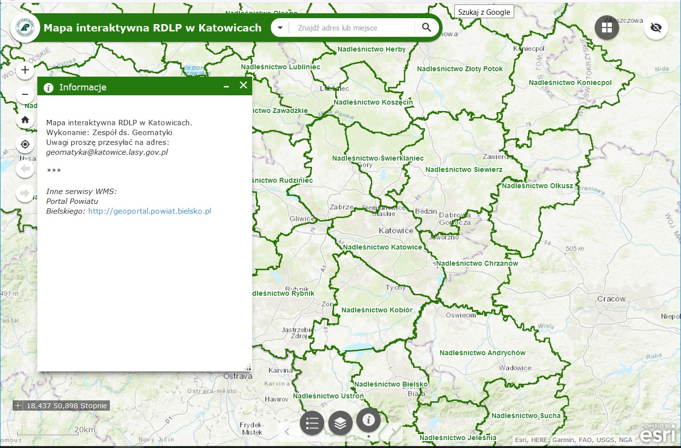 Rys.1. Mapa interaktywna RDLP w Katowicach.