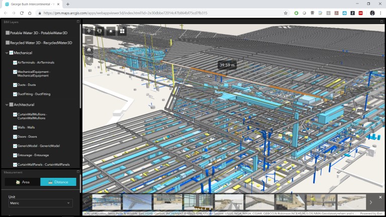 Rys. 2. Dane udostępnione przez George HW Bush Houston International Airport (zwizualizowane w Web AppBuilder) pokazują, że dane BIM po standaryzacji z wykorzystaniem narzędzi do sprawdzania poprawności rysunków można wprowadzać do systemu GIS. Informacje dotyczące procesu budowy zwykle widzimy w modelach BIM jeszcze zanim zobaczymy informacje związane z zarządzaniem nieruchomościami.