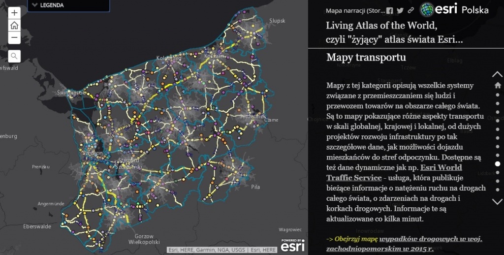 Rys. 2. Dane dotyczące sieci drogowej i natężenia ruchu dostępne w Living Atlas of The World.