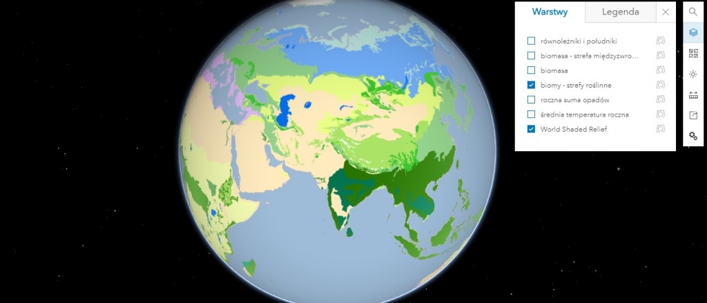 Rys. 3. Biomy. Lekcja Edu.esri.pl - Rozkład biomasy na kuli ziemskiej.