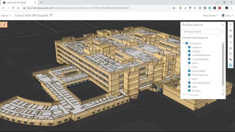 Rys. 4. Dzięki US Veterans Administration mogliśmy eksperymentować ze szpitalem jako warstwą Building Scene Layer, zachowując geometrię, atrybuty i semantykę w GIS.