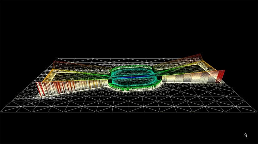 Rys. 1. Siatka 3D pasa startowego LAX 6L24R - zbudowana z pomocą przeglądarki 3D - pokazuje teren wraz z powierzchniami identyfikacji przeszkód (OIS - Obstruction Identification Surfaces).