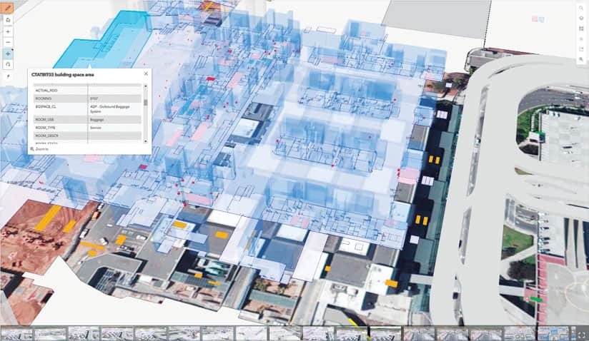 Rys. 2. Pracownicy działu usług GIS używają ArcGIS Pro do tworzenia modeli 3D obiektów budowlanych, projektowanych wewnątrz kompleksu lotniskowego, w tym stref odprawy pasażerów, poczekalni, ciągów komunikacyjnych i miejsc obsługi bagażu.