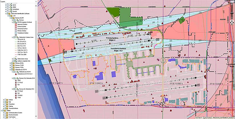 Rys. 3. W Los Angeles World Airports (LAWA), dział usług GIS wykorzystuje rozszerzenie ArcGIS for Aviation: Airports do tworzenia powierzchni identyfikacji przeszkód, które pokazują strefy podejścia, strefy przejściowe, strefy podstawowe i inne, aby pomóc lotnisku w określeniu, jak wysokie obiekty można budować bez powodowania powstawania przeszkód w przestrzeni powietrznej.