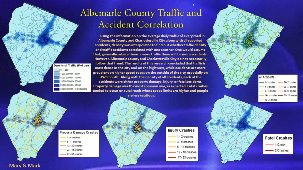 Rys. 4. Mary Davis przeniosła na mapy dane o ruchu drogowym w okręgu Albemarle, aby skorelować natężenie ruchu z wypadkami. Przedstawiła te dane w szkole, aby poinformować uczniów, gdzie należy zachować szczególną ostrożność, aby uniknąć wypadków drogowych. Jej projekt zaprezentowany policjantom przedstawiał miejsca niebezpieczne lub miejsca, gdzie może być konieczne dodatkowe oznakowanie. Jestem początkującym i zaniepokojonym kierowcą i chciałabym wiedzieć, gdzie najczęściej mają miejsce wypadki i gdzie ludzie są poważnie ranni - mówi Davis. Musiałam wypromować projekt w różnych miejscach, aby uzyskać dane, ponieważ nie są one publicznie udostępnione.