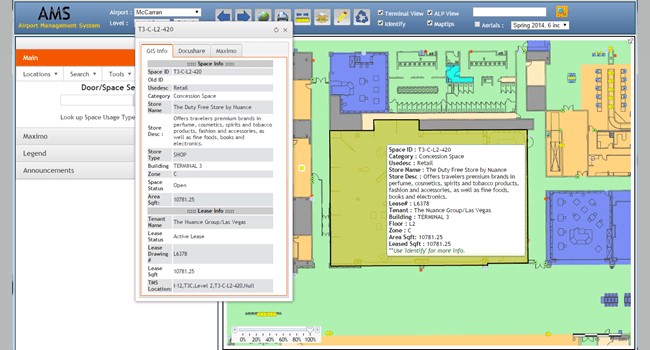 Rys. 1. Aplikacja Airport Management System (AMS) na lotnisku McCarron umożliwia wszystkim pracownikom przeglądanie na mapie wszelkich zasobów i danych atrybutowych z systemu Maximo.