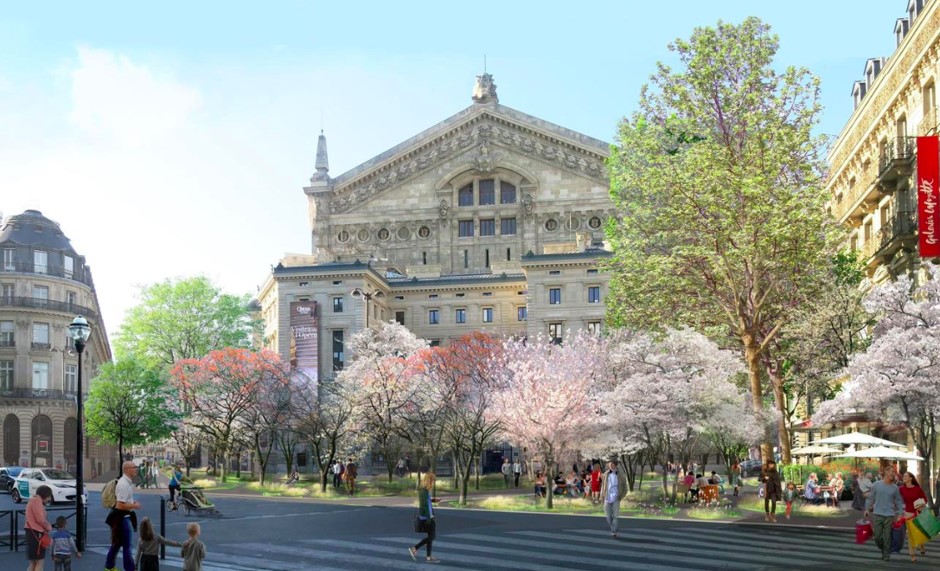 Rys. 2. Drzewa przed paryską Opera Garnier zajęłyby miejsce istniejącego parkingu dla autobusów. (Ville de Paris / Apur / Céline Orsingher)