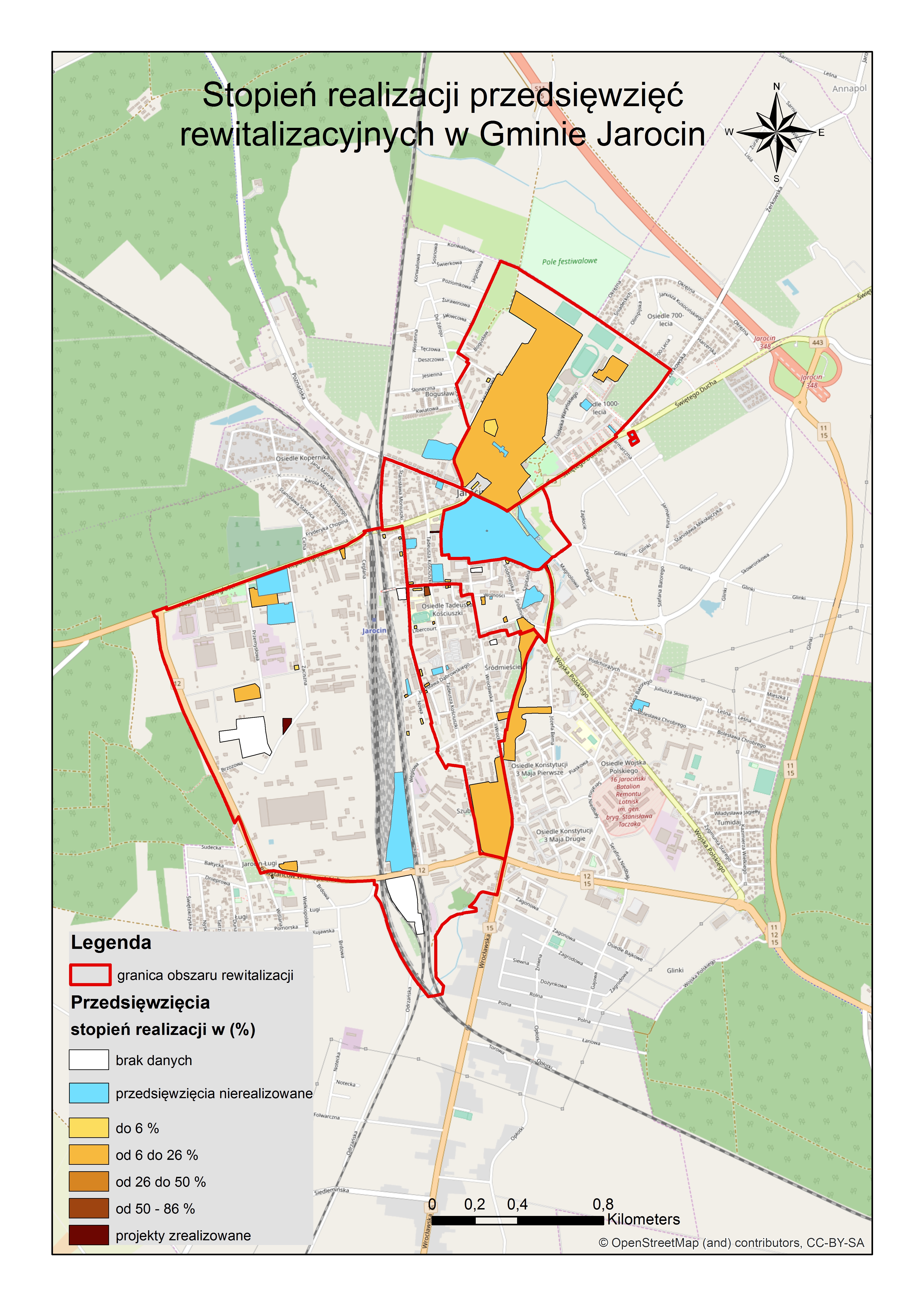 Rys. 2. Mapa stopnia realizacji przedsięwzięć rewitalizacyjnych zapisanych w Gminnym Programie Rewitalizacji dla Gminy Jarocin.