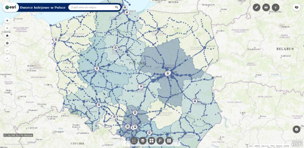 Rys. 2. Podstawowy widok aplikacji Dworce kolejowe w Polsce. 