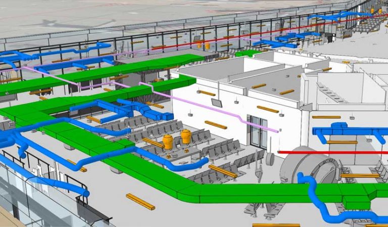 Rys. 1. Wycinek modelu BIM, przedstawiony w scenie internetowej ArcGIS, pokazuje systemy ogrzewania, wentylacji i klimatyzacji.