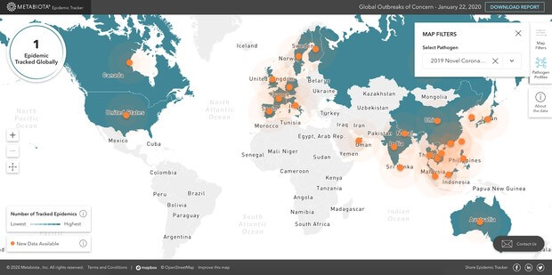 Rys. 2. Metabiota zestawia dane z wielu organizacji służby zdrowia w celu śledzenia trwających epidemii. Posiada również informacje o tysiącach poprzednich epidemii. (Metabiota, Epidemic Tracker)