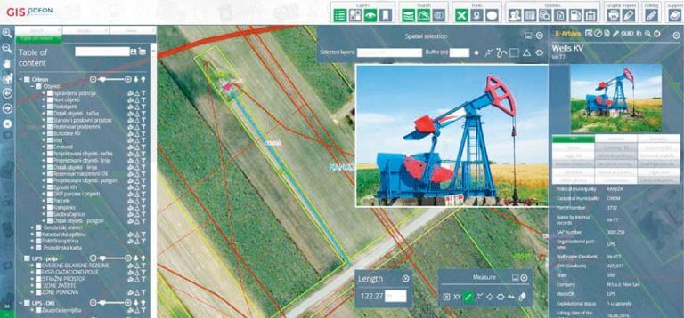 Rys. 3. GIS ODEON pomaga NIS planować nowe inwestycje, umożliwiając użytkownikom łatwy pomiar powierzchni i odległości pomiędzy różnymi obiektami.
