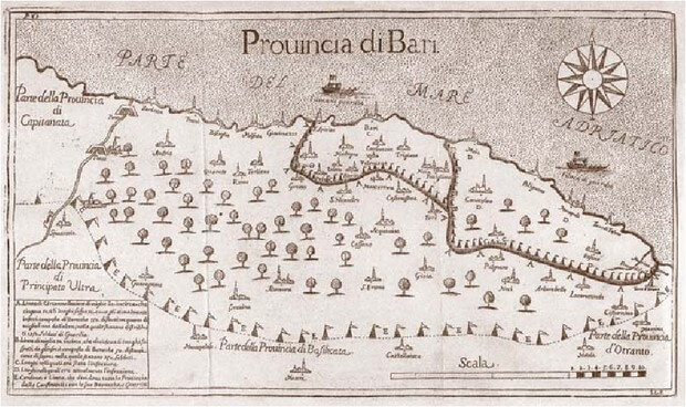 Rys. 3. Na najwcześniejszej udokumentowanej mapie zachorowań Fillipo Arrieta przedstawił strategię powstrzymywania rozprzestrzeniania się choroby w regionie Bari, Włochy 1690-92. (Controlling the Geographical Spread of Infectious Disease: Plague in Italy, 1347-1851)