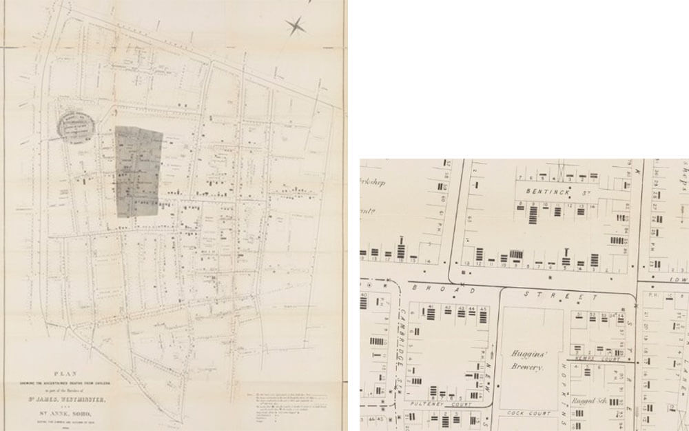 Rys. 5. John Snow, mapa pokazująca stwierdzone przypadki zgonów z powodu cholery. Czarne kreski przedstawiają pojedyncze zgony. (archiwa online Wellcome Collection)